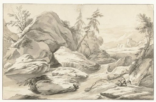 Rocky landscape with a draftsman by a river