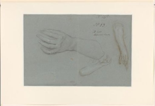 A large and two small studies of a hand with forearm