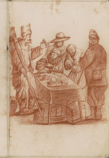 Five men around a table, presumably in a tavern