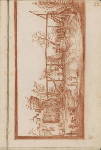 Figures by a pond at the edge of a village