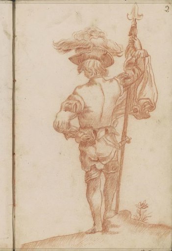 Standing man with a banner and a plumed hat