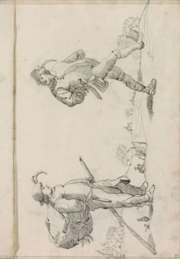 Man with a backpack and a dancing peasant with a mug in a landscape
