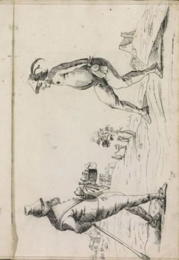Peddler leaning on a stick and a dancing man in a landscape