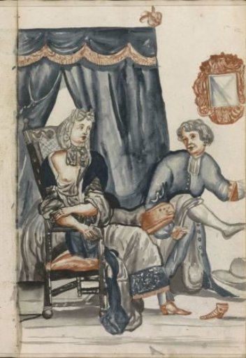 Woman with bare breasts sitting before a canopy bed