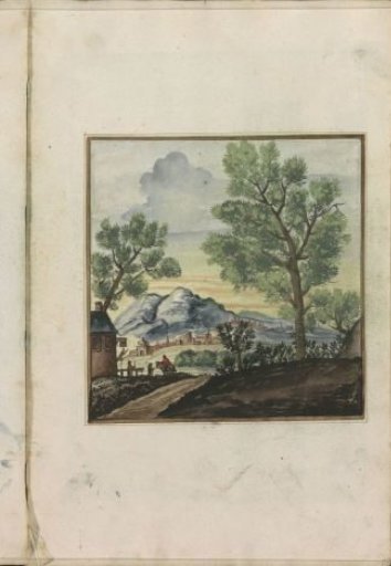View of a town at the foot of a mountain