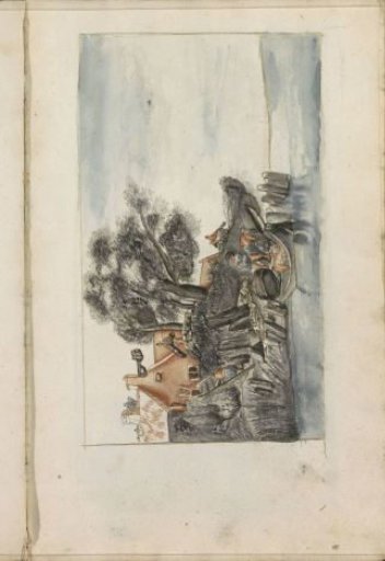Figures by a moored boat on a waterfront