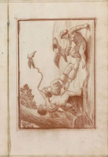 Three putti playing with birds
