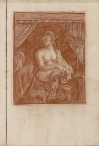 Nude woman sitting on a canopy bed by a candle