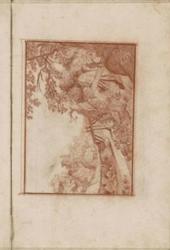 Figures on a bridge over a river