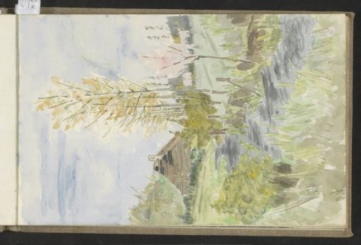 Landscape with a path leading to a wooden house