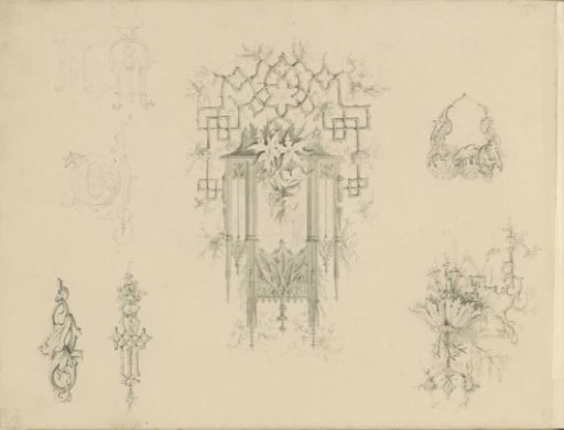 Study Sheet with Gothic Architecture, Ornaments, and Cartouche