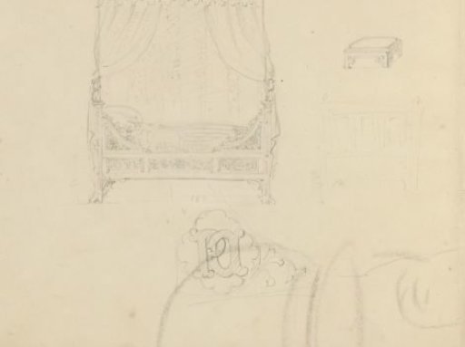 Canopy bed, cabinet, and footstool