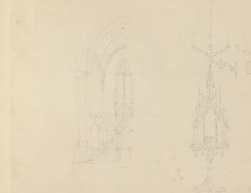 Reliquary, candlesticks, and a view of the choir of a church