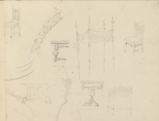 Study sheet, including chairs, tables, and a baldachin