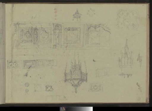 Study sheet, including ornaments, church architecture, and a lamp of God