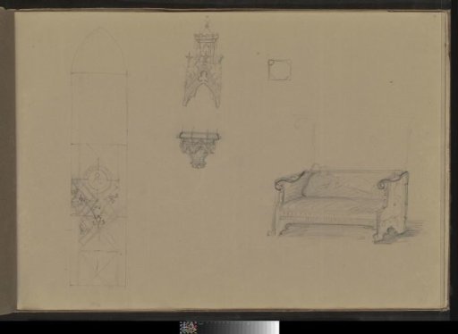 Choir stall, ornaments, and a design for a stained-glass window