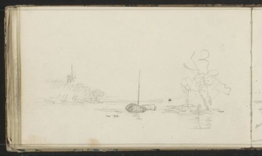River landscape with a mill and sailing boat