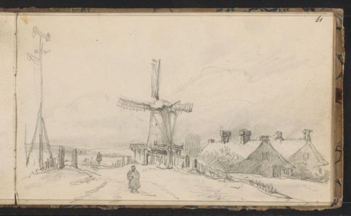 Figures on a Village Path with a Mill