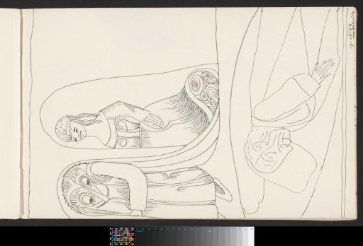 Woman and an anthropomorphic figure next to a sleeping bald man