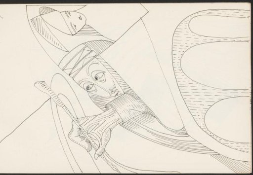 Man with a pen in his hand and a figure with a hat
