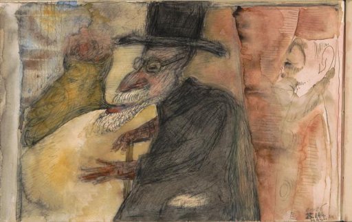 Man with a beard, walking stick and tall hat, in profile to the left