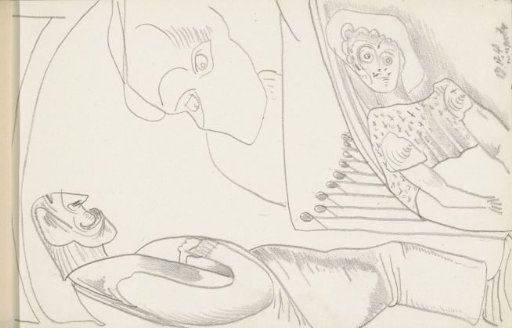 Standing man in profile to the right next to a reclining woman