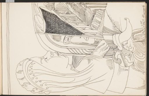 Figure with long hair and a crown on the head in profile to the right