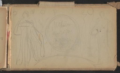 Group of standing figures and flowers in a semicircle around a circle