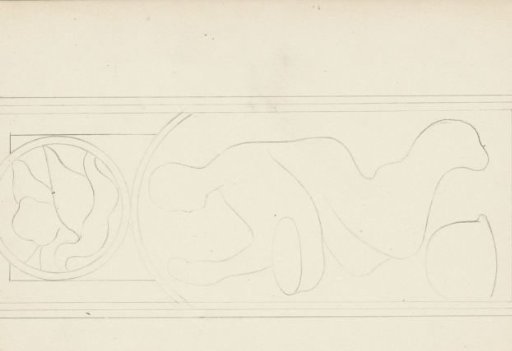 Design for a window with a seated figure holding a scale