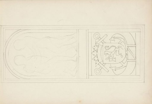 Design for a window with a coat of arms and two standing figures