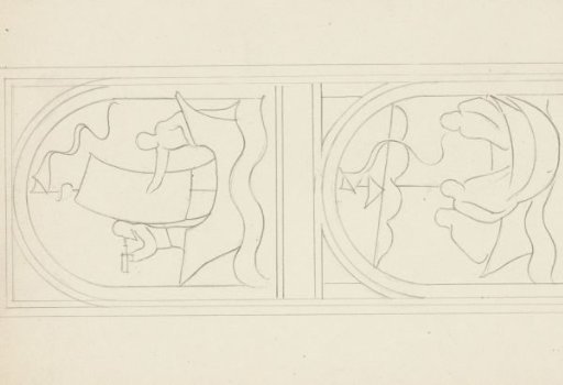 Design for a window with two depictions of figures in sailing boats