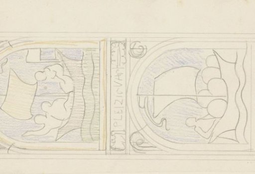 Design for a window with two depictions of figures in sailing boats