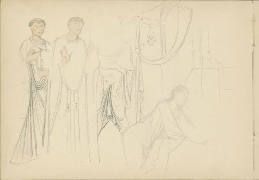 Two standing men with a kneeling woman in an interior
