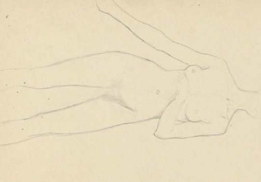 Standing nude woman holding her left hand under her breast