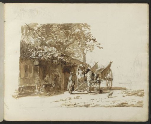 Ox cart and figures on a village street