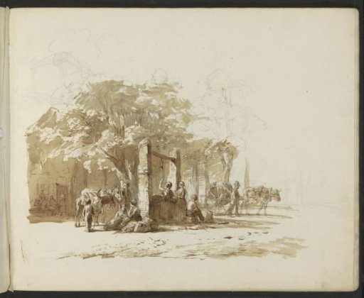 Figures at a water pump on a village square