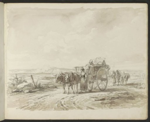 Ox cart and figures on a country road