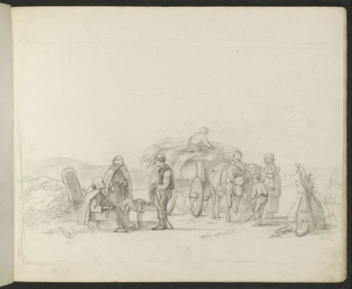 Landscape with sheaves of corn and figures at a hay wagon