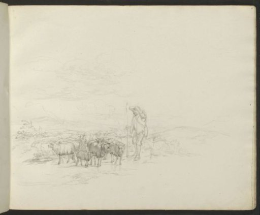 Shepherd with a flock in a landscape