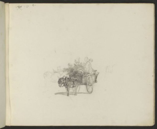 Two figures and branches on a donkey cart