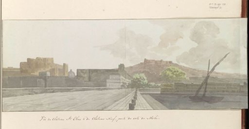 View of Castel Sant'Elmo and Castel Nuovo from the harbor mole in Naples
