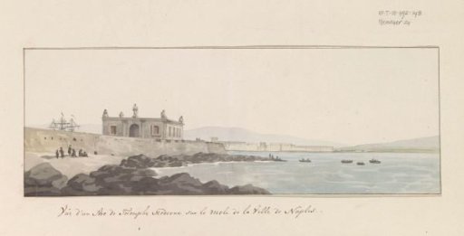 View of a modern triumphal arch on the harbor mole of Naples