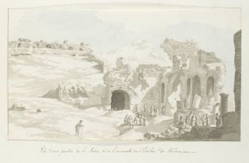View of a section of the stage and the wall behind it of the theater of Taormina