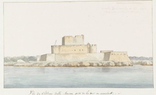 View of the castle of San Mauro la Bruca from the sea upon arrival