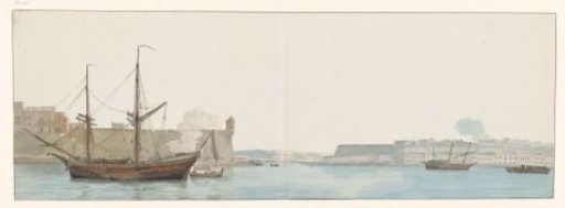 View of Castel Sant'Angelo in the harbor of galleys at Malta