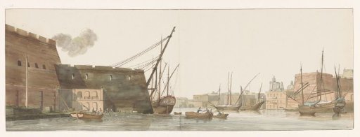 View of a shipyard in the harbor of galleys at Malta