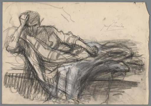 Recumbent Saul with the right hand against the forehead