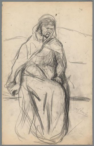 Seated woman with a cloth around her head and shoulders, probably Michal