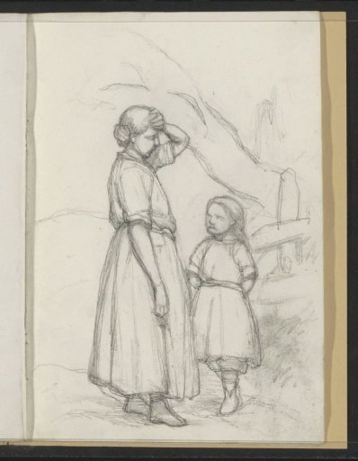 Woman and Girl by a Hill and Tree Trunk