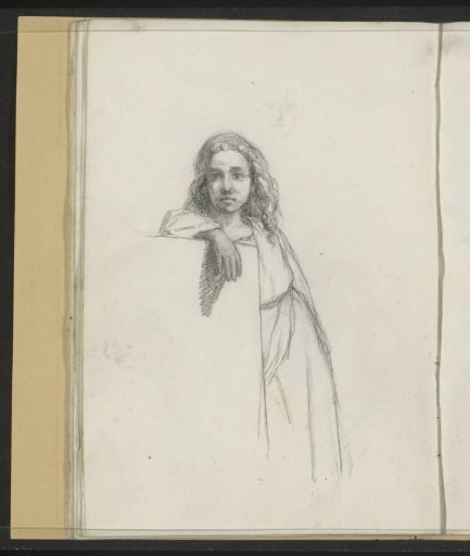 Standing girl, leaning with her left arm on a wall